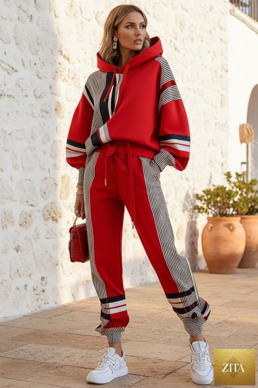Women's Oversized Color-Block Stripe-Panel Hoodie & Jogger Pants Tracksuit Set