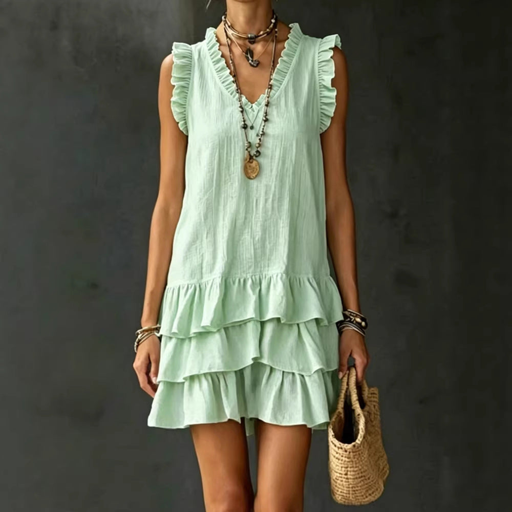 V-neck ruffle-trim tiered sleeveless midi dress by FitiqueFit in four colors, available in sizes S to XXL, casualwear style