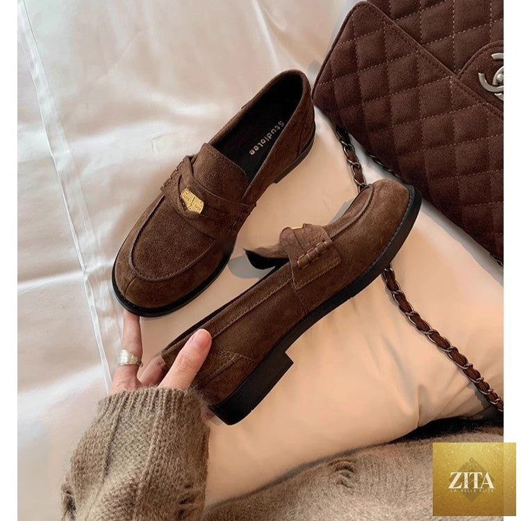 Women's British-Style Gold Coin Loafers by FitiqueFit, leather slip-ons with block heel and classic design, suitable for stylish casual wear.