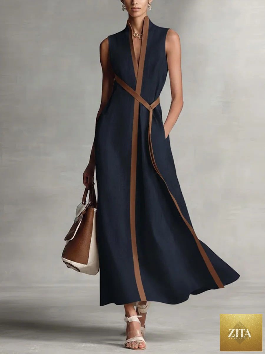 Women's color block sleeveless linen blend dress with stand collar, casualwear by Zita La Belle Elite, shown in a stylish outdoor setting.