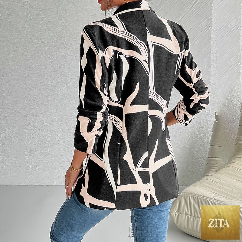 Women's abstract print blazer by FitiqueFit, long sleeve casual work jacket with stylish design and button closure.