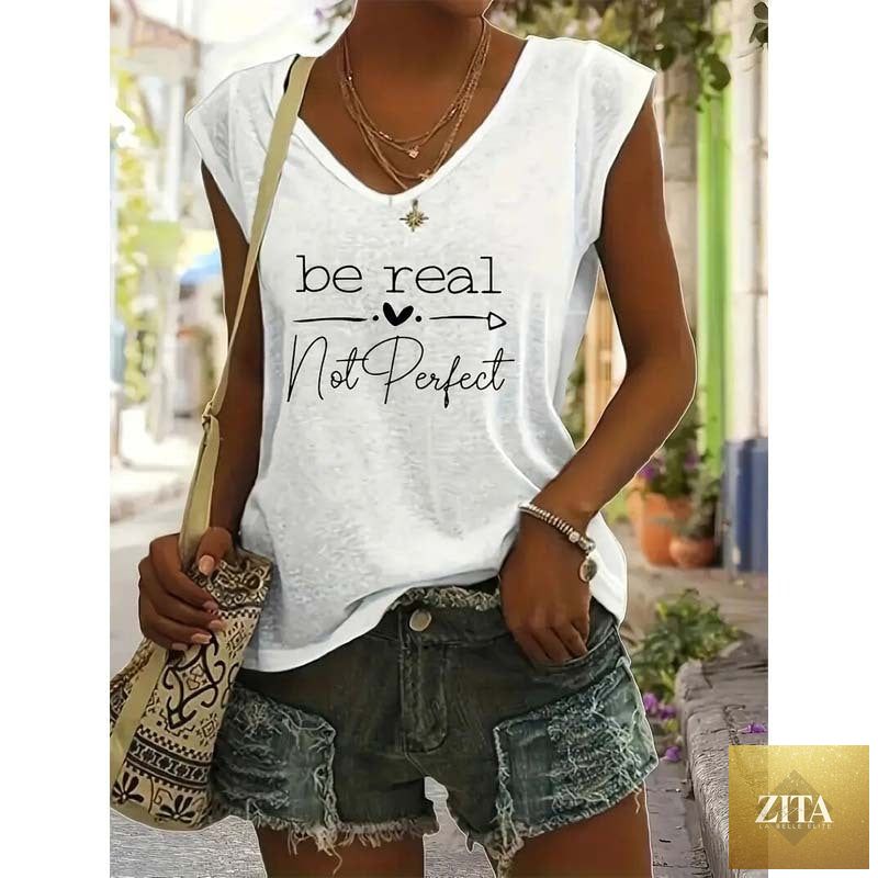 Women’s V-neck slogan print short sleeve T-shirt by Zita La Belle Elite, casual summer top with comfortable fit and stylish design.