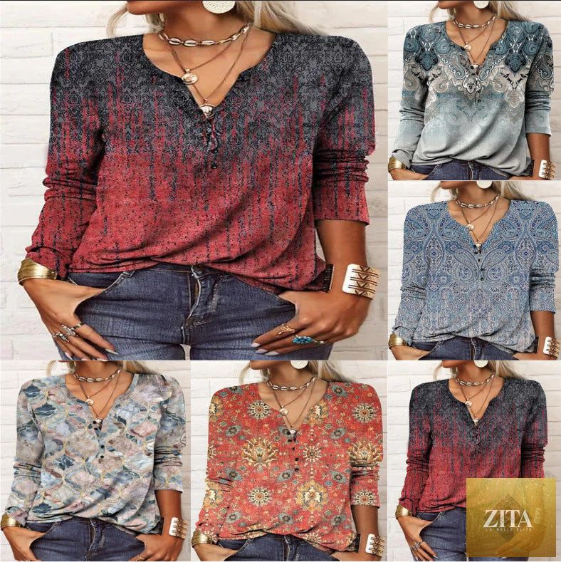 Women's ethnic print V-neck long sleeve casual T-shirt by Zita La Belle Elite, featuring loose fit and vibrant pattern details.