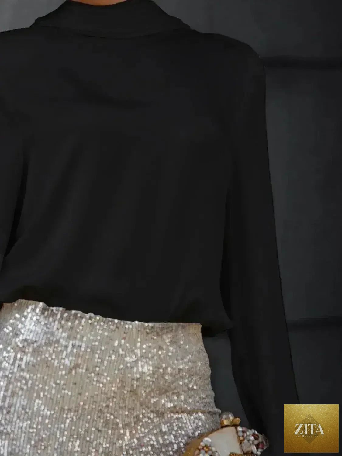Femstylo women's backless cowl neck long sleeve blouse, elegant and stylish, shown in a flattering fit with draped cowl neckline.