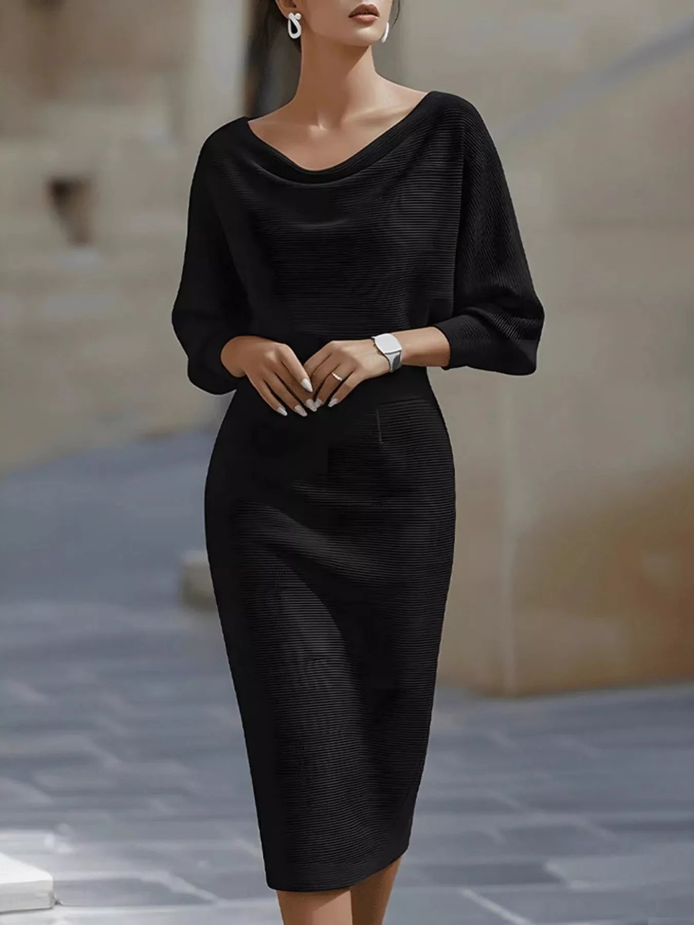 Black cowl neck knit bodycon dress by Shopiebay, fitted design with long sleeves and soft ribbed fabric for a stylish look.