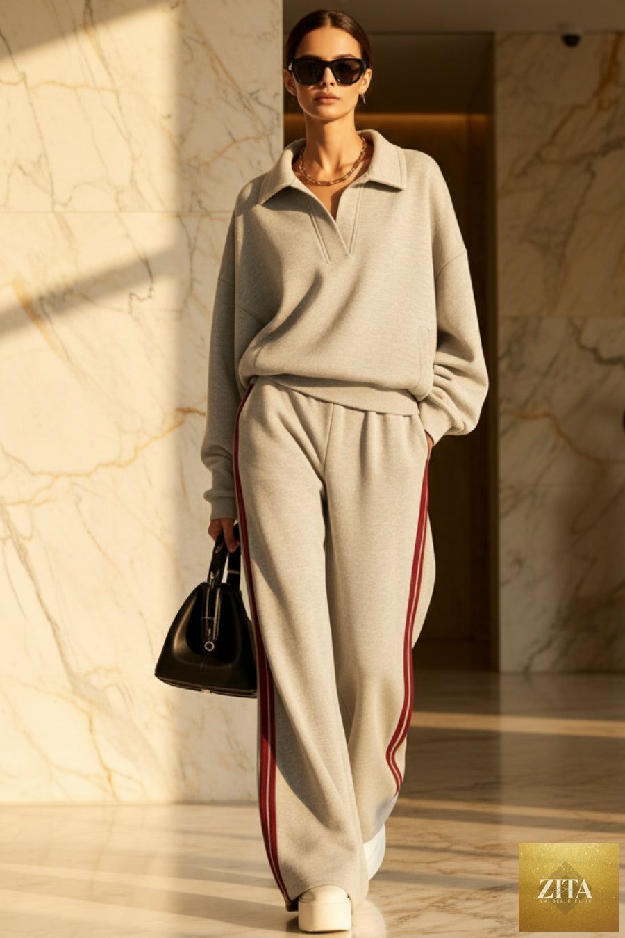 Women's Polo-Collar Oversized Sweatshirt & Side-Stripe Wide-Leg Pants Set