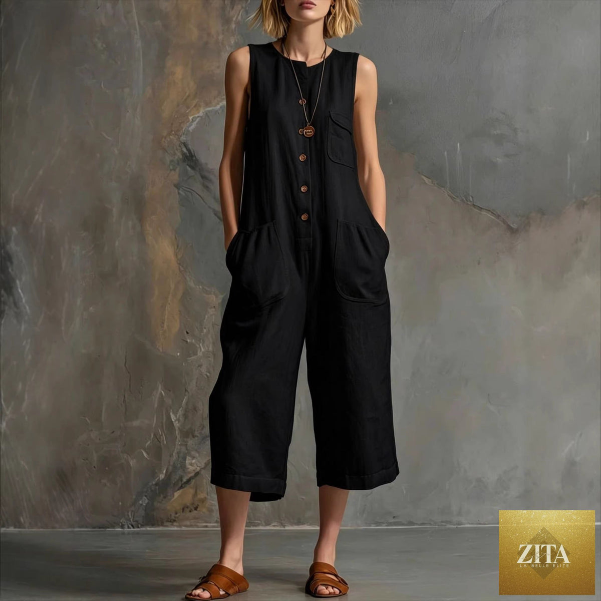 Women's retro sleeveless wide-leg cropped jumpsuit by Zita La Belle Elite, featuring a casual, stylish design and relaxed fit.