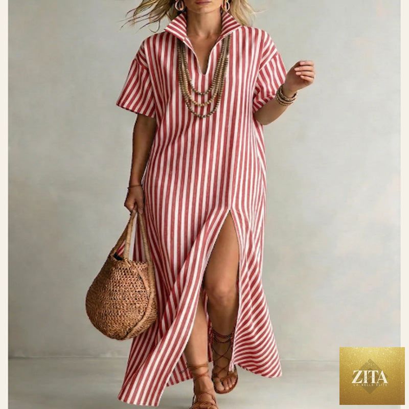 Women's striped cotton-linen maxi dress with V-neck and short sleeves, casualwear by FitiqueFit, featuring a slit design.