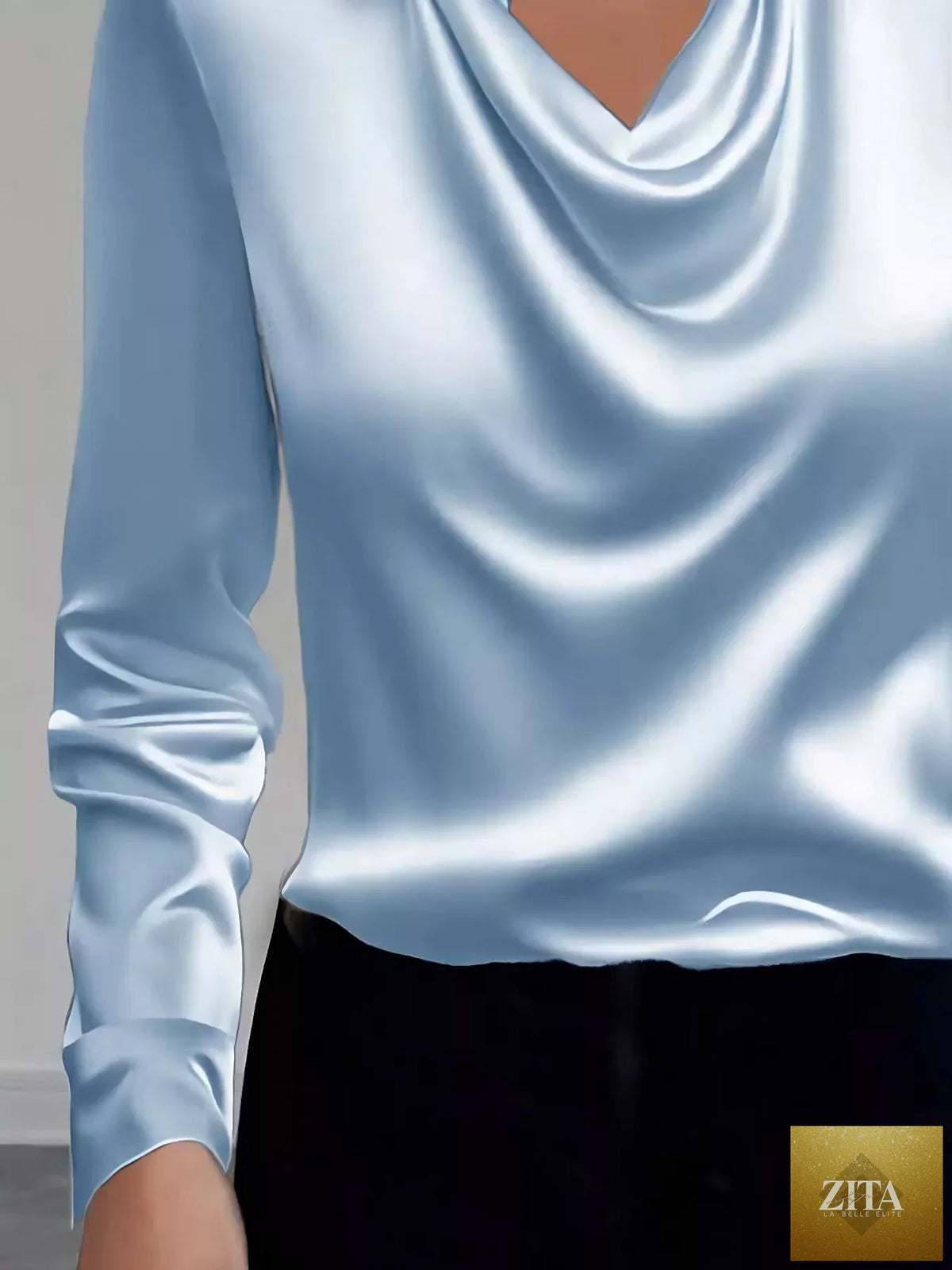 Zita La Belle Elite satin long sleeve blouse with a classic collar, shown in a sleek, smooth fabric with a tailored fit.
