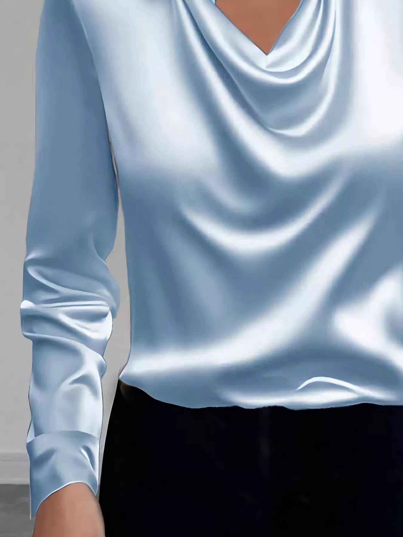 Satin collared neck long sleeve blouse by The Fashion Celestial in a smooth, shiny fabric with a classic collar and elegant long sleeves.