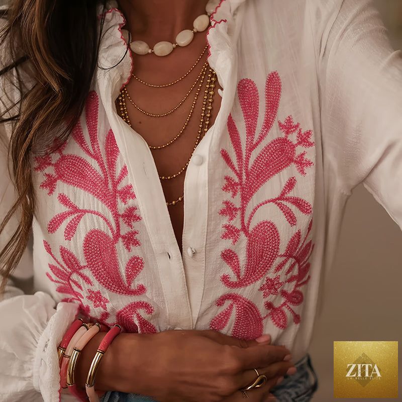 FitiqueFit boho floral ruffle blouse with V-neck, lantern sleeves, and button-down front, perfect for casualwear.