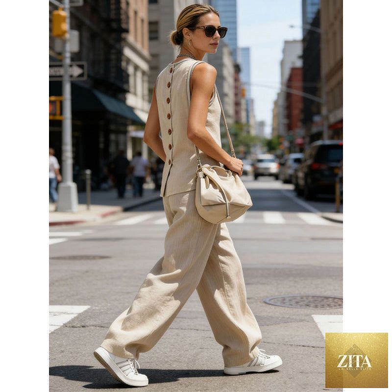 Zita La Belle Elite women's sleeveless cardigan top and matching pants two-piece casualwear set, stylish and comfortable.