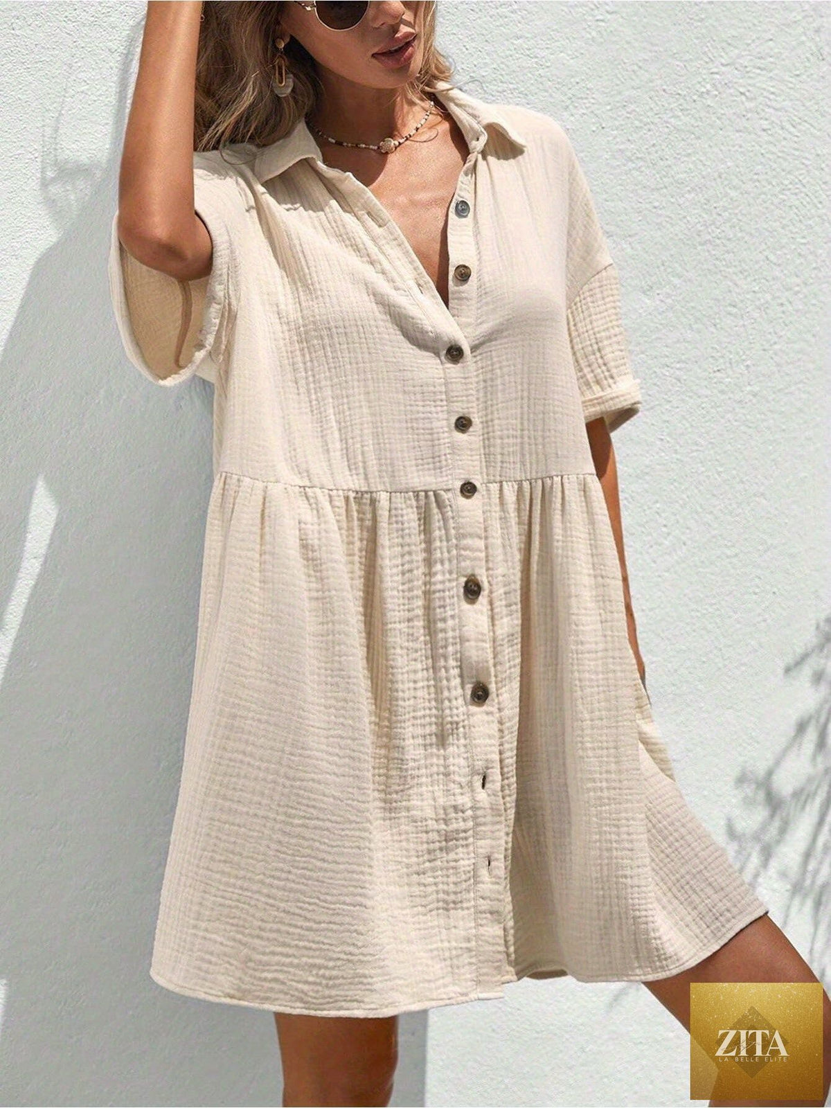 Women’s casual FitiqueFit ruffle hem shirt dress, loose fit summer holiday style, lightweight and stylish for warm weather.