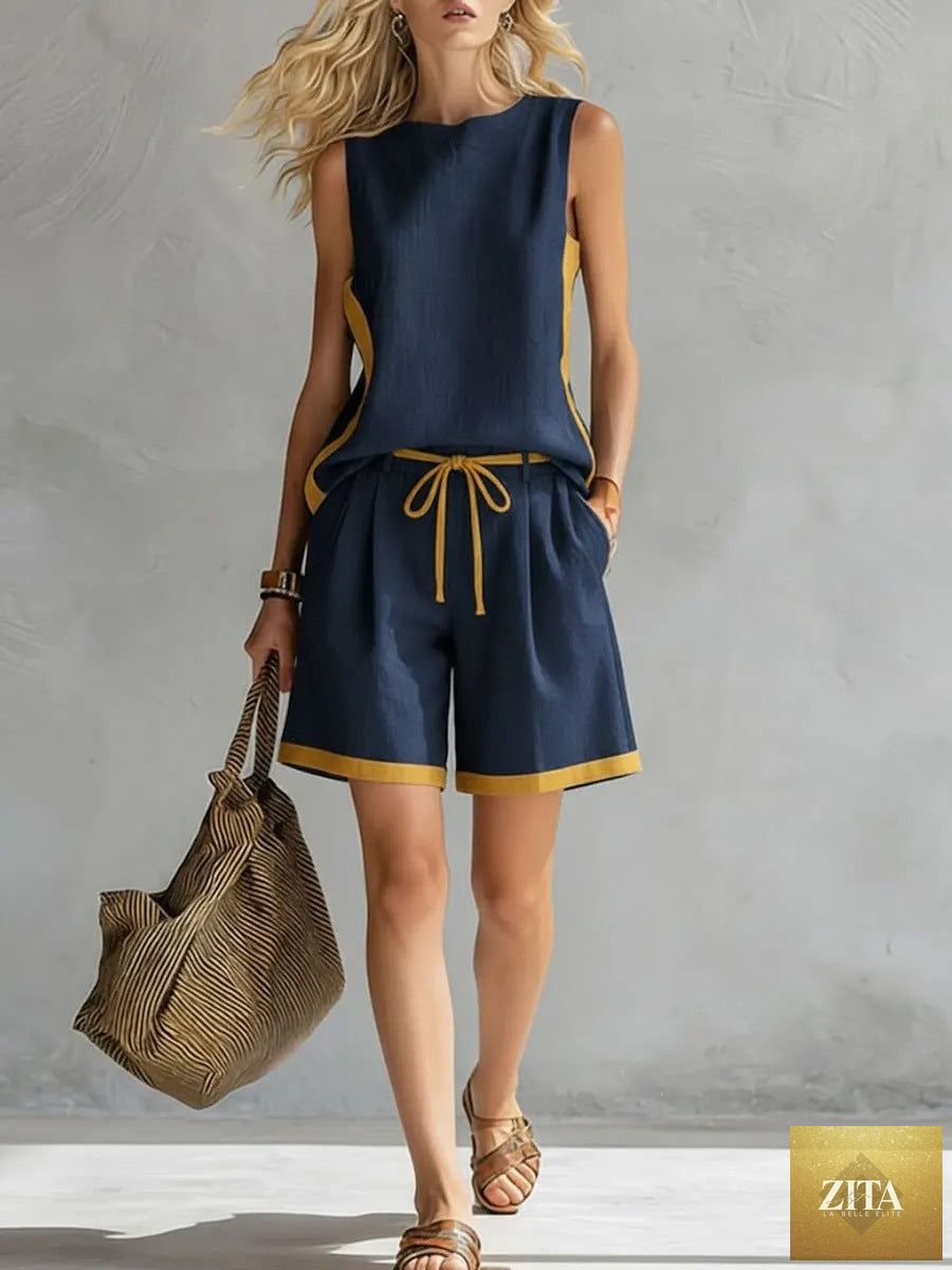 Zita La Belle Elite solid color casual vest and shorts set, loose fit, lightweight fabric, perfect for relaxed everyday wear.