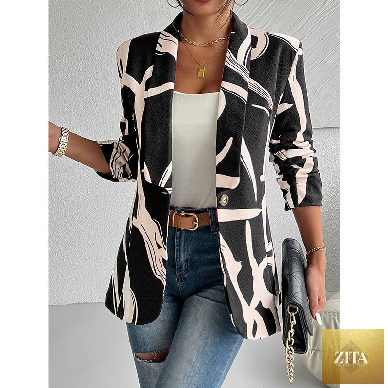 Women's abstract print blazer by FitiqueFit, casual long sleeve work jacket with button closure and stylish design.