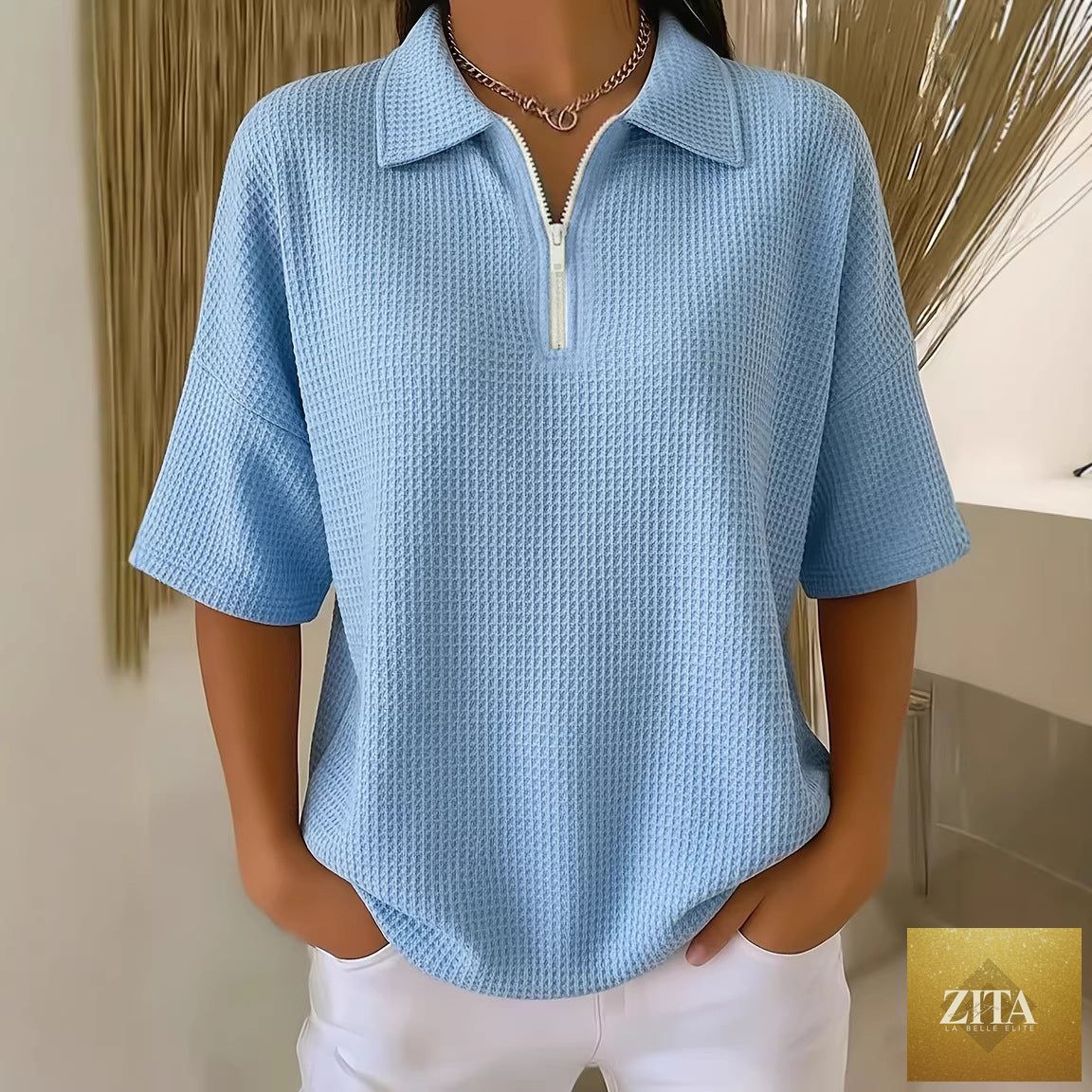 Zita La Belle Elite drop shoulder waffle knit half-zip top with 3/4 sleeves, cozy and stylish pullover for casual wear.