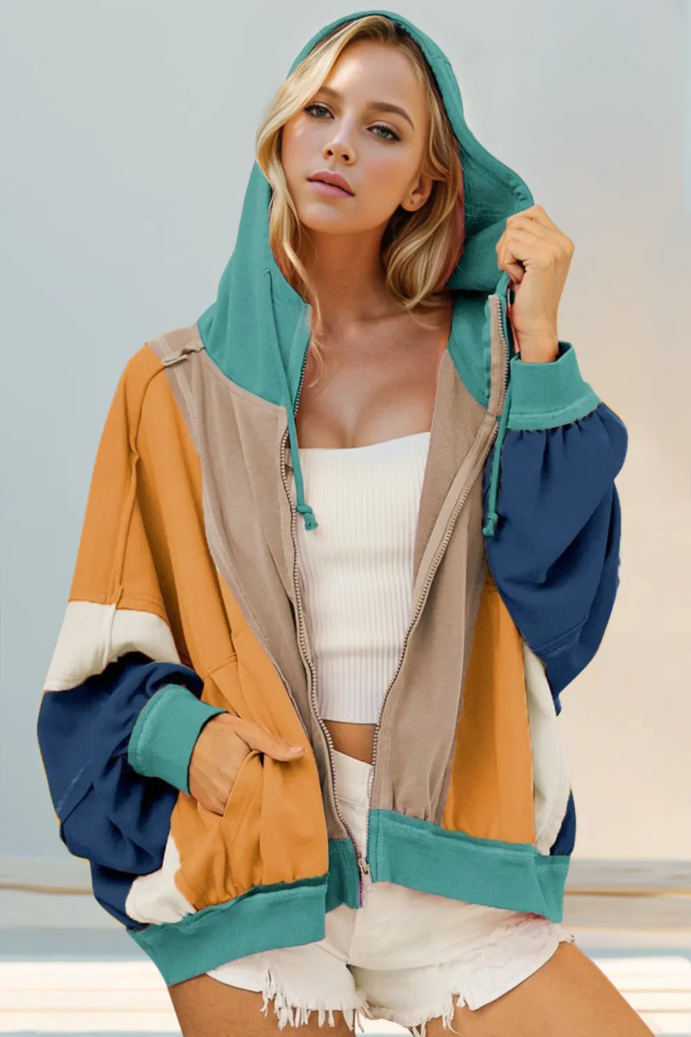 Double Take Full Size Color Block Zip Up Hoodie See size chart under “more details”