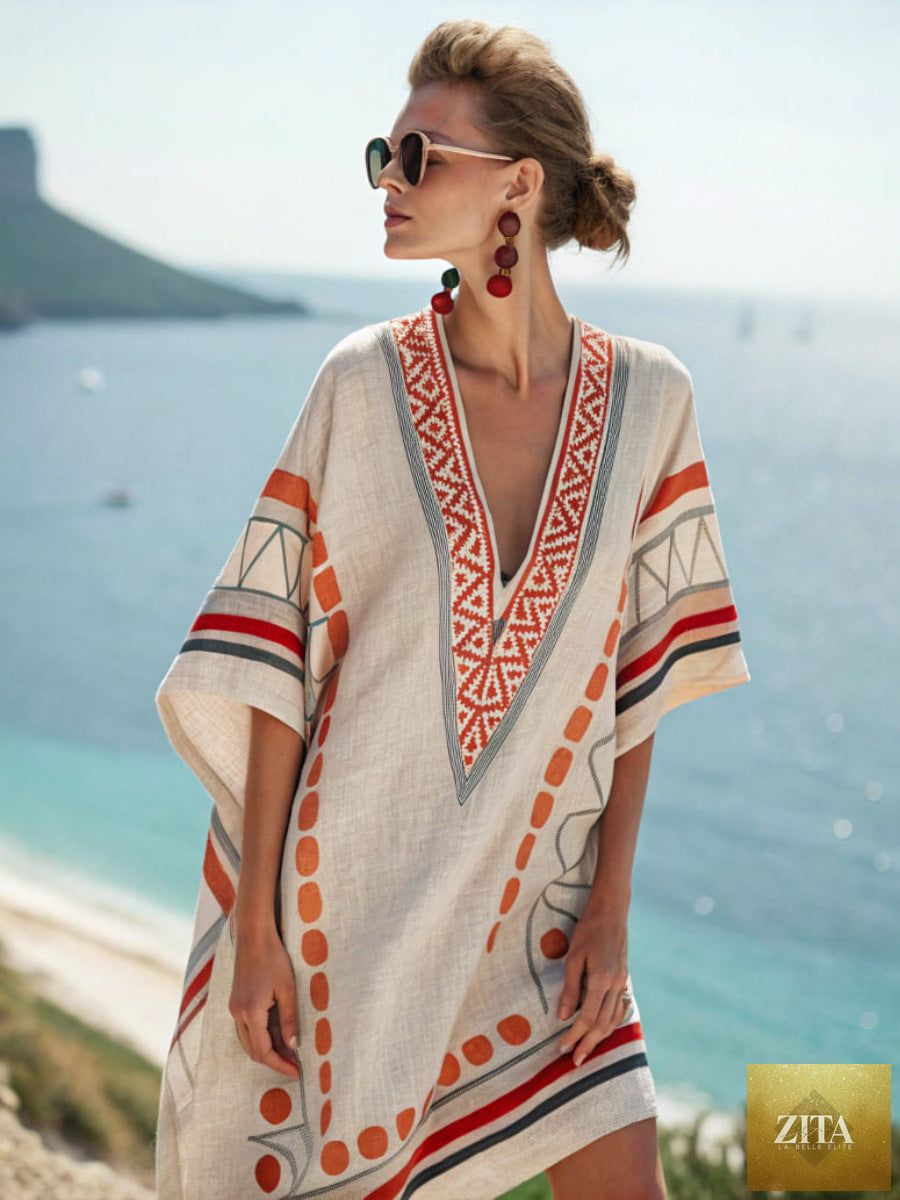 Women's printed loose A-line beach midi dress by Zita La Belle Elite, perfect for vacation and resort wear.