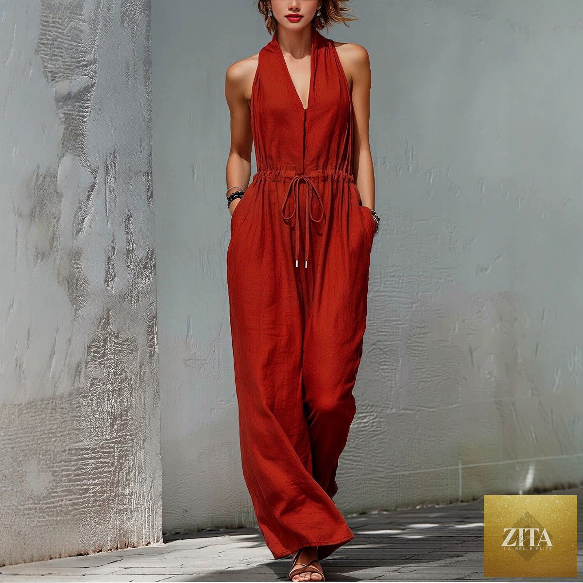 Women's sleeveless halter neck long jumpsuit by Zita La Belle Elite, solid color casualwear, featuring a stylish, comfortable fit.