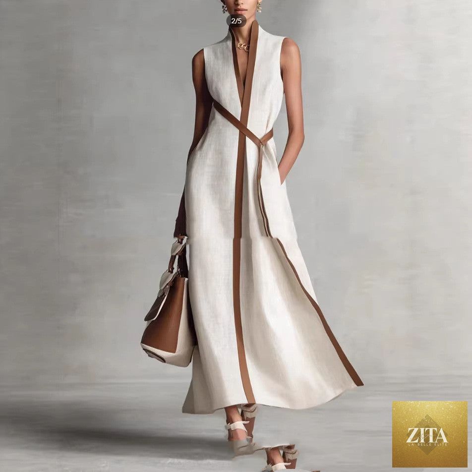 Women's patchwork cardigan and wide-leg linen pants set by Zita La Belle Elite, featuring colorblock casualwear style.