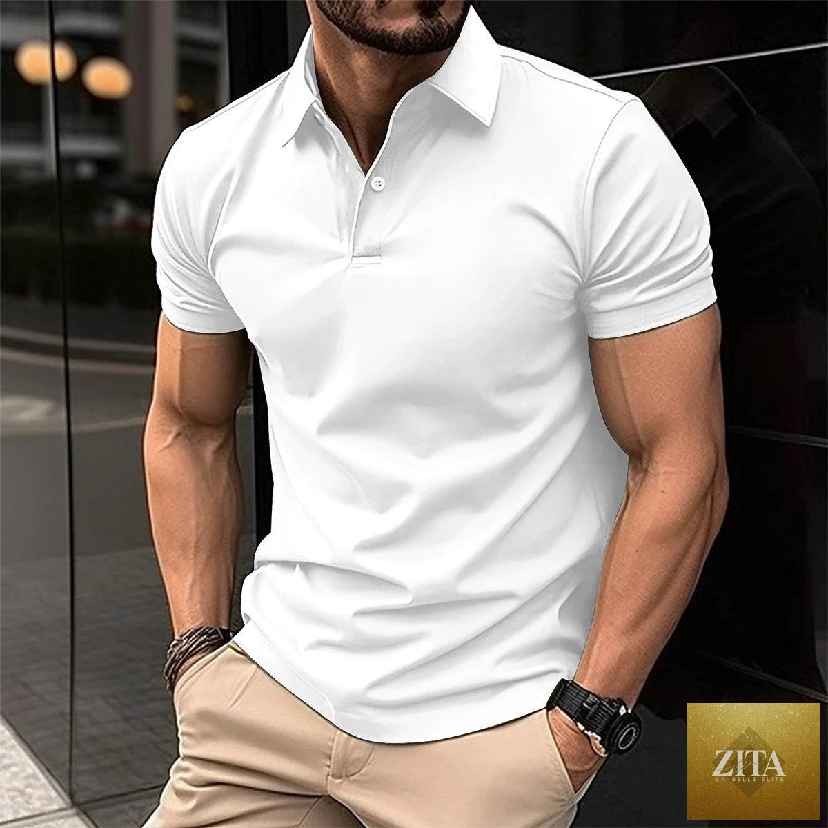 Mandotos men's summer short sleeve polo shirt in solid color with button lapel, casual and stylish men's polo top.