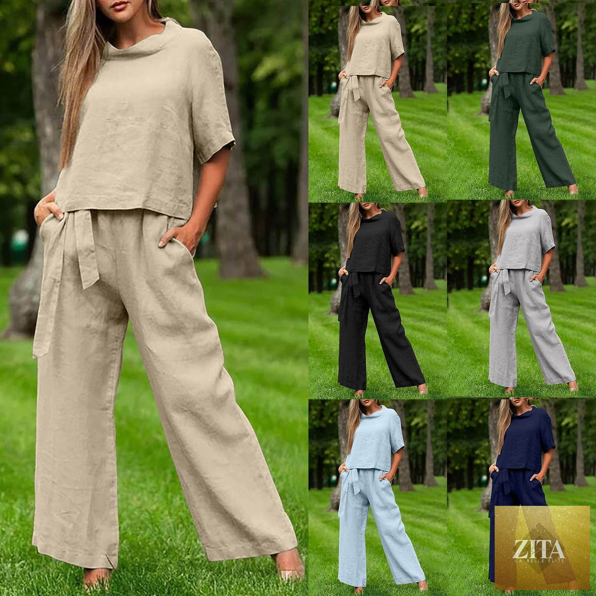 Zita La Belle Elite activewear two-piece set with round-neck 3/4 sleeve top and matching pants in various colors, size S–XXL.