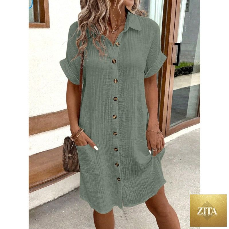 Women’s cotton linen shirt dress by Zita La Belle Elite featuring a V-neck, button-front, and A-line silhouette.