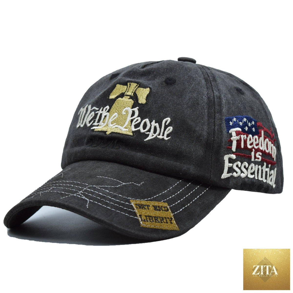 Women's embroidered cotton baseball cap by Zita La Belle Elite with retro letter style design and adjustable strap.