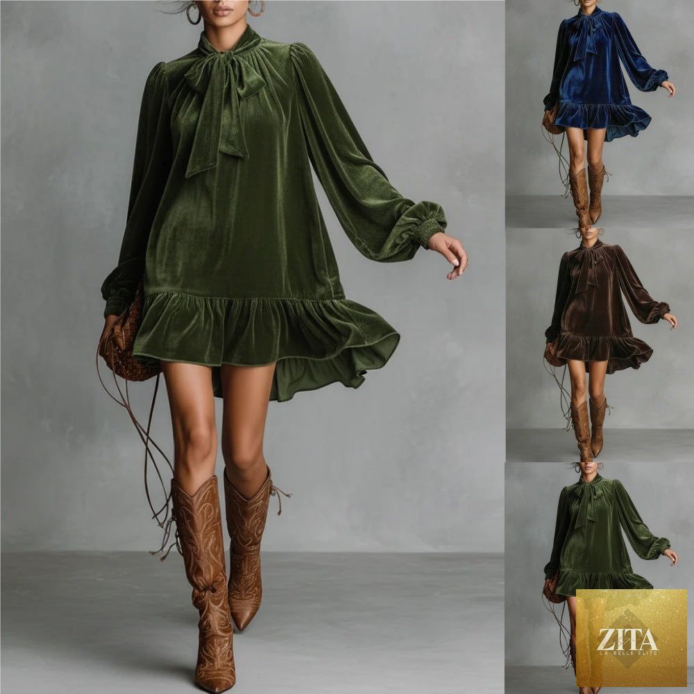 Women’s bow-tie puff sleeve casual dress by FitiqueFit with asymmetric ruffle hem and short, elegant design.