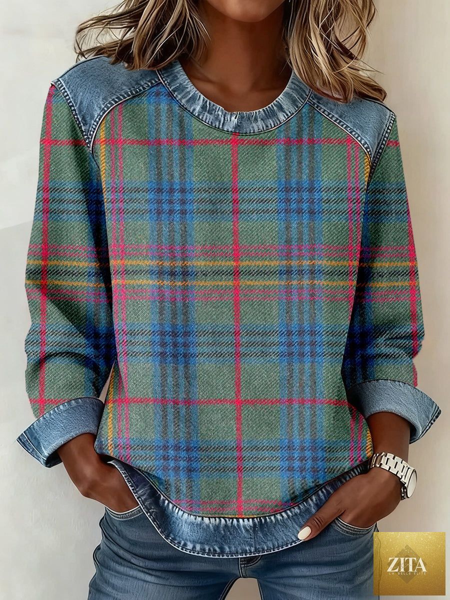 Women's denim collar patchwork pullover knitwear top by FitiqueFit featuring a casual street style design and cozy knit texture.