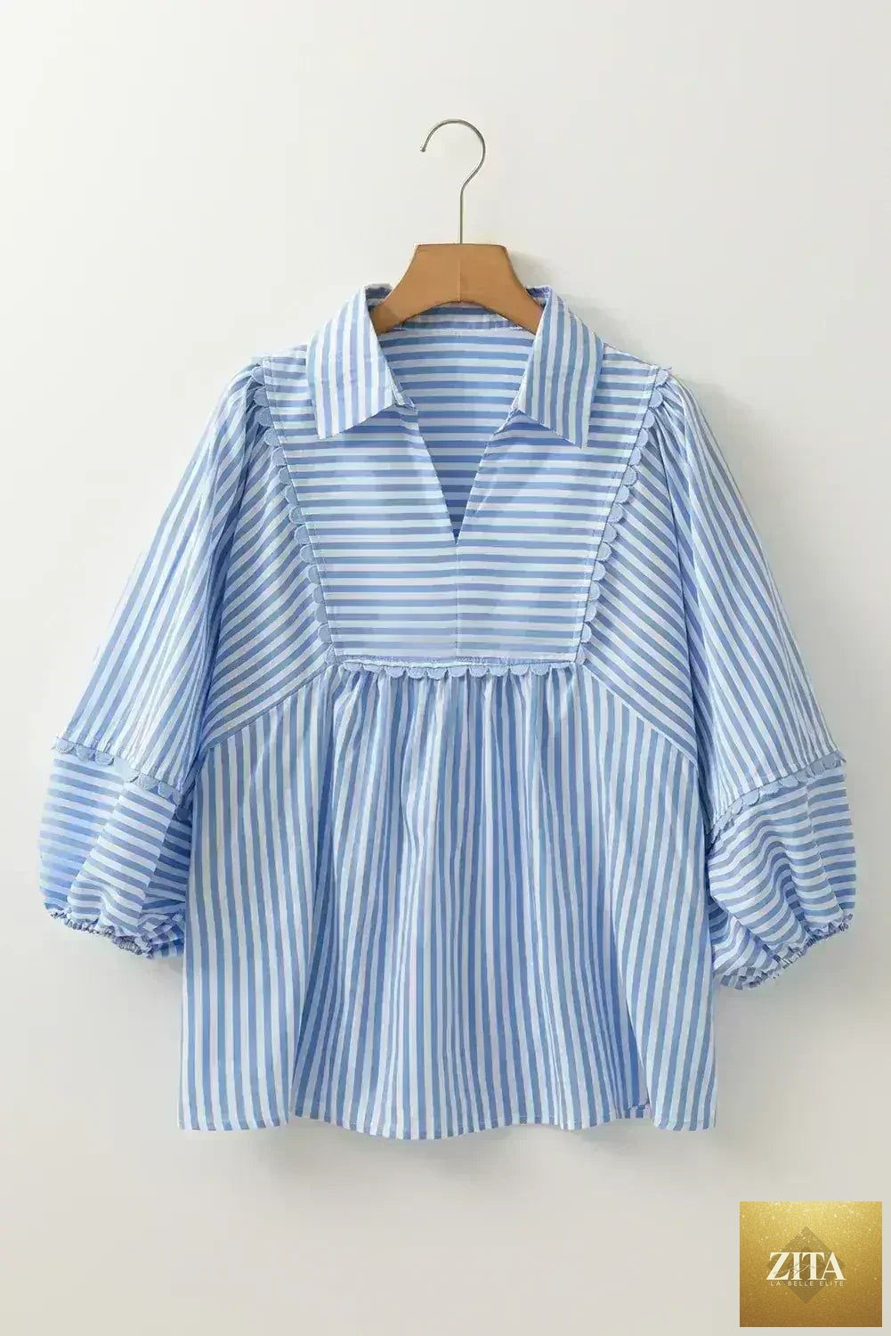 Sky blue striped Ric Rac trim collared V-neck blouse by Femstylo, featuring a stylish design and comfortable fit.