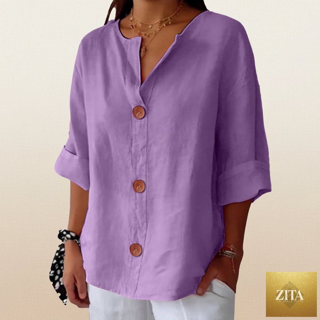 Women's V-neck cotton linen blouse with button details from FitiqueFit, perfect for casualwear, featuring a relaxed fit and breathable fabric.