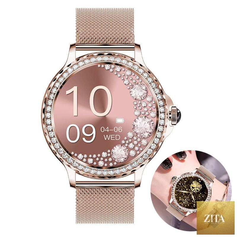 Mandotos Bluetooth calling smart fitness bracelet with waterproof watch and diamond accents, showing the sleek watch face and band.