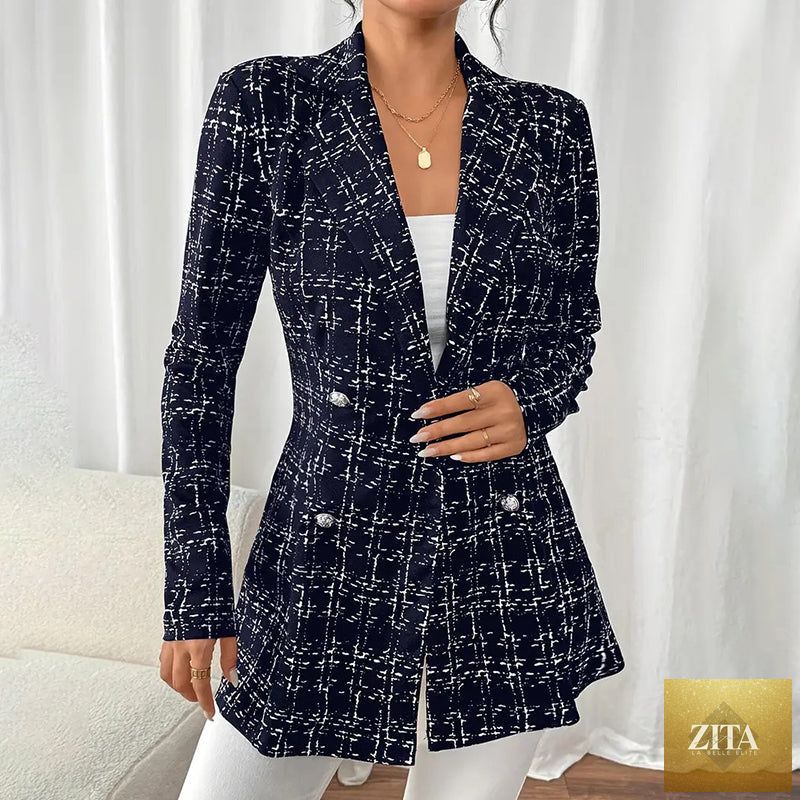 Women’s plaid double-breasted blazer from FitiqueFit, stylish jacket with a classic plaid pattern and tailored fit.