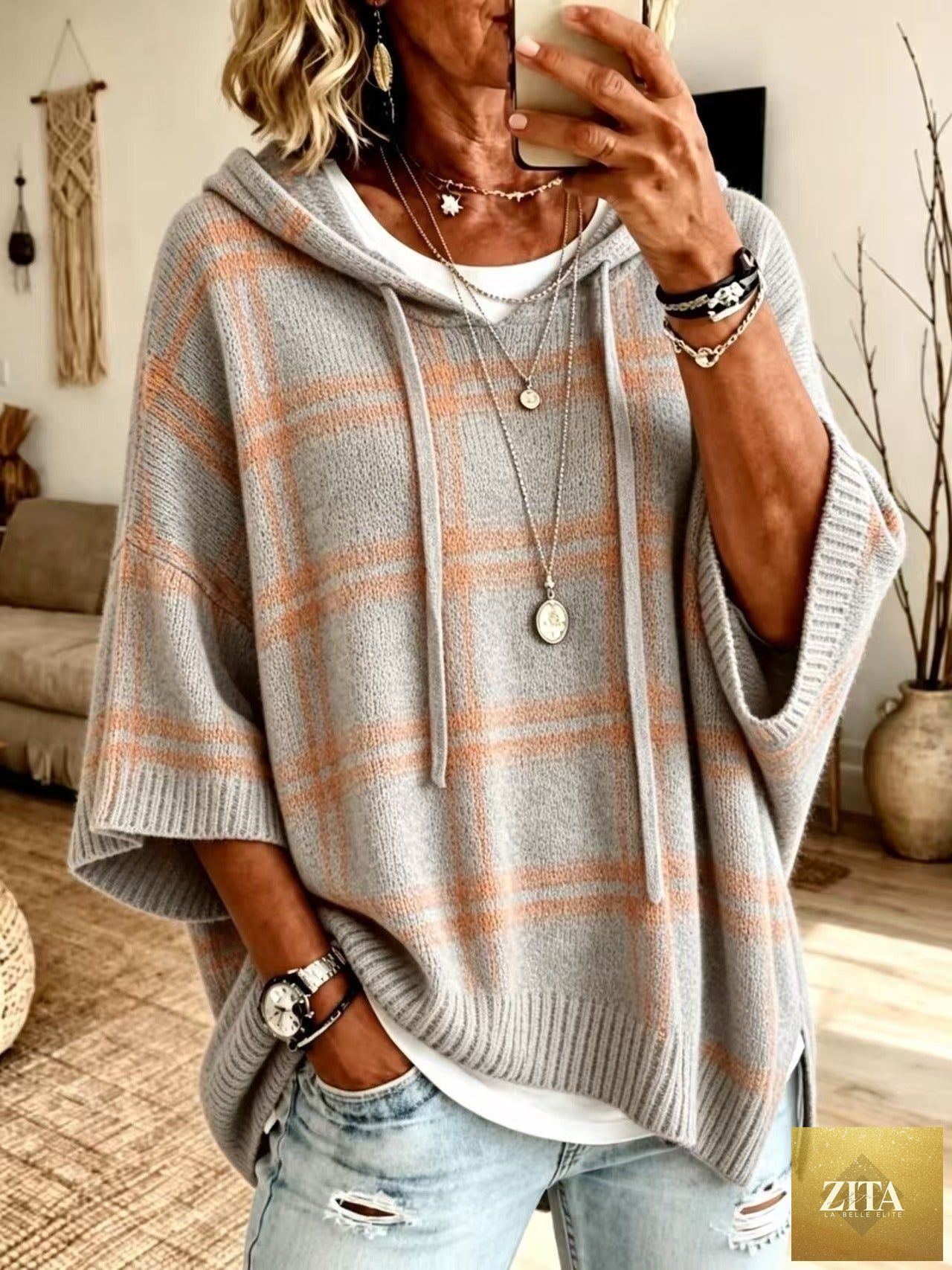 Plaid Knit Hooded Batwing Sweater