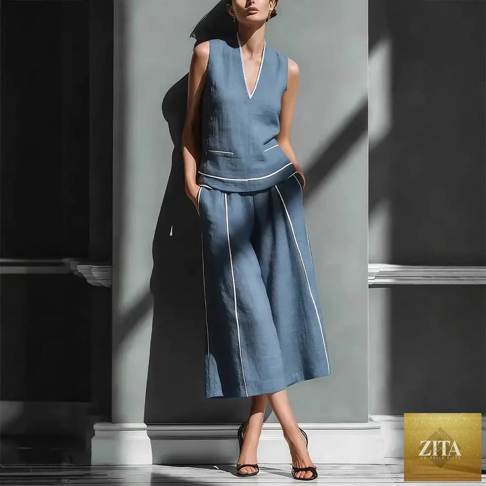 Zita La Belle Elite women's sleeveless linen shirt and cropped pants set, casual 2-piece outfit, styled for warm weather wear.