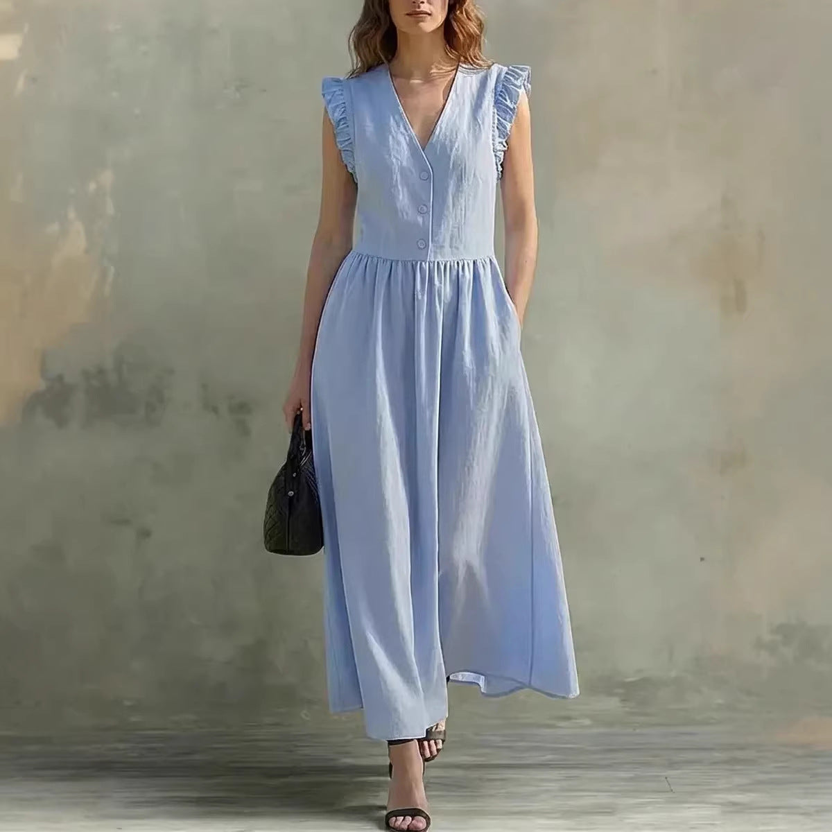 FitiqueFit cotton linen V-neck puff-sleeve casual dress with pockets in seven colors, perfect for comfortable everyday wear.