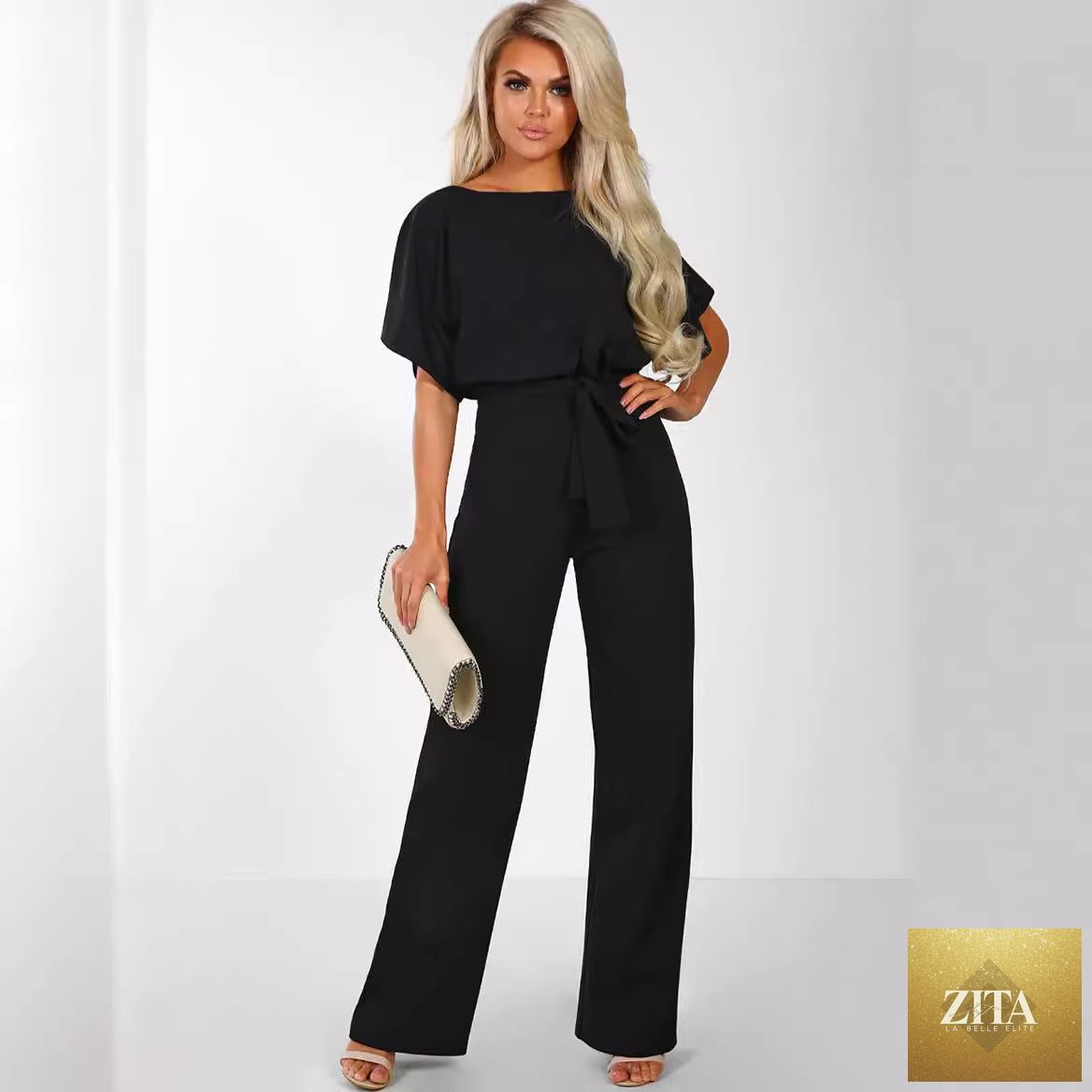 LadyShow.Store women's short-sleeve body and jumpsuit with straight-leg design, featuring a strap and form-fitting silhouette.