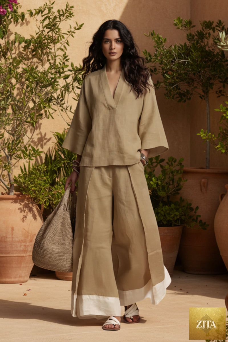 Women's cotton-linen V-neck shirt and wide-leg pants set by FitiqueFit, featuring a stylish V-neck top and relaxed-fit pants.