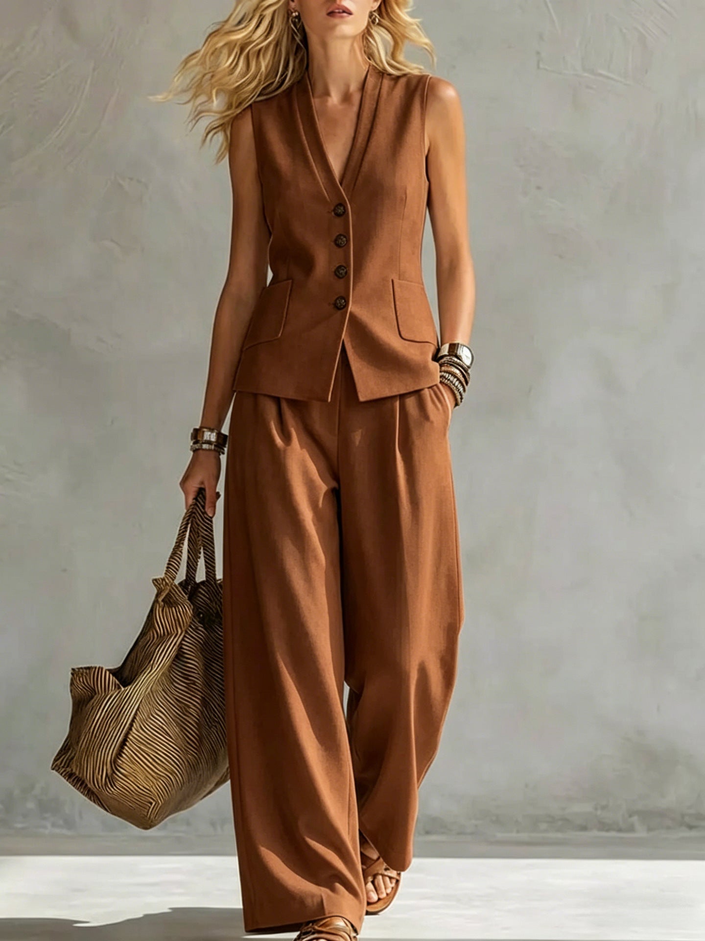 Women's solid linen sleeveless tank top and full-length pants set by FitiqueFit, casualwear, light and breathable fabric.