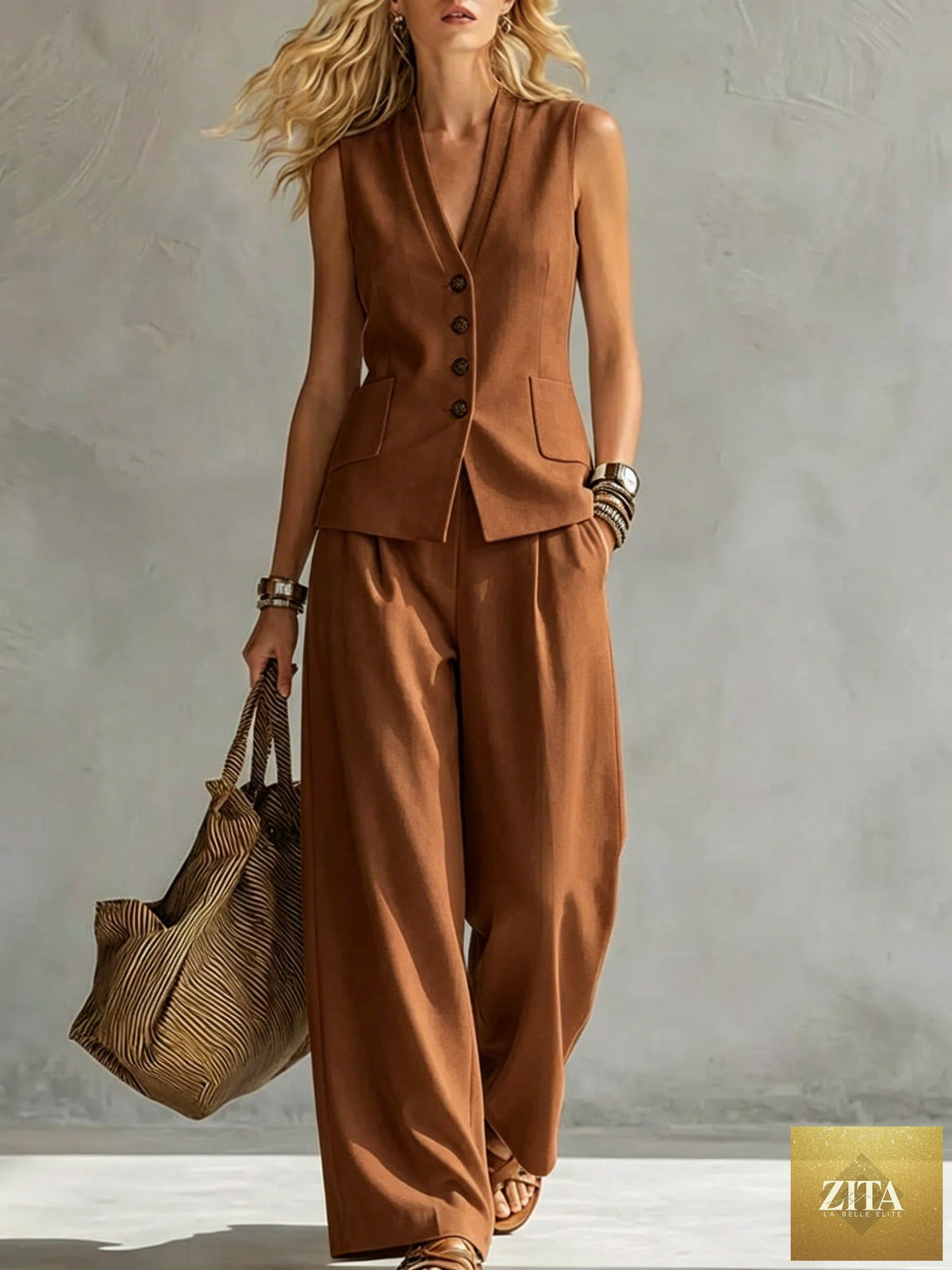 Women's solid linen sleeveless tank top and full-length pants set by Zita La Belle Elite, casualwear in lightweight fabric.