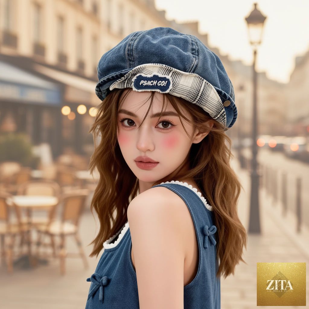 Zita La Belle Elite double-brim turned-up denim beret made of breathable cotton, stylish hat for women with a classic design.