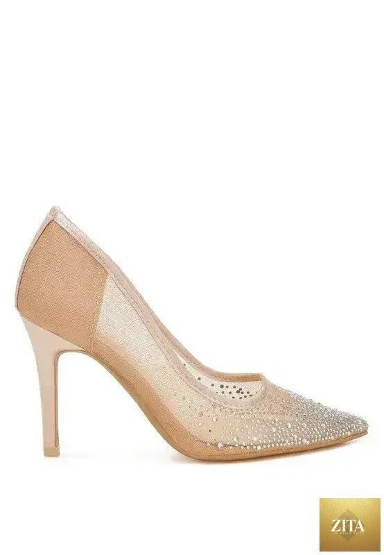 Zita La Belle Elite high ball mesh rhinestone stiletto pumps with pointed toe and glittering rhinestone details.