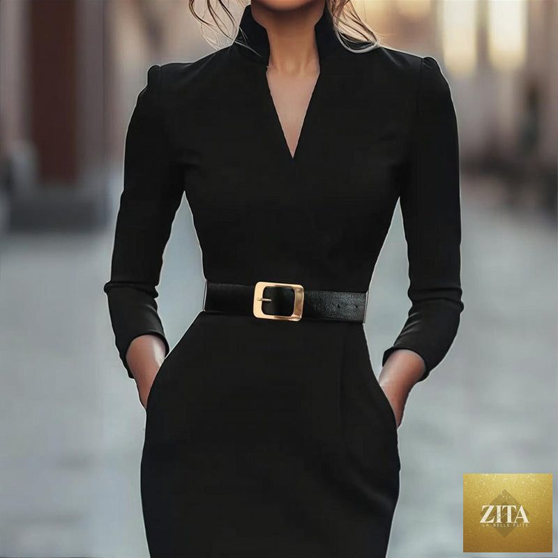 Women’s black FitiqueFit casual bodycon midi dress, close-up of fitted fabric and elegant silhouette for stylish casual wear