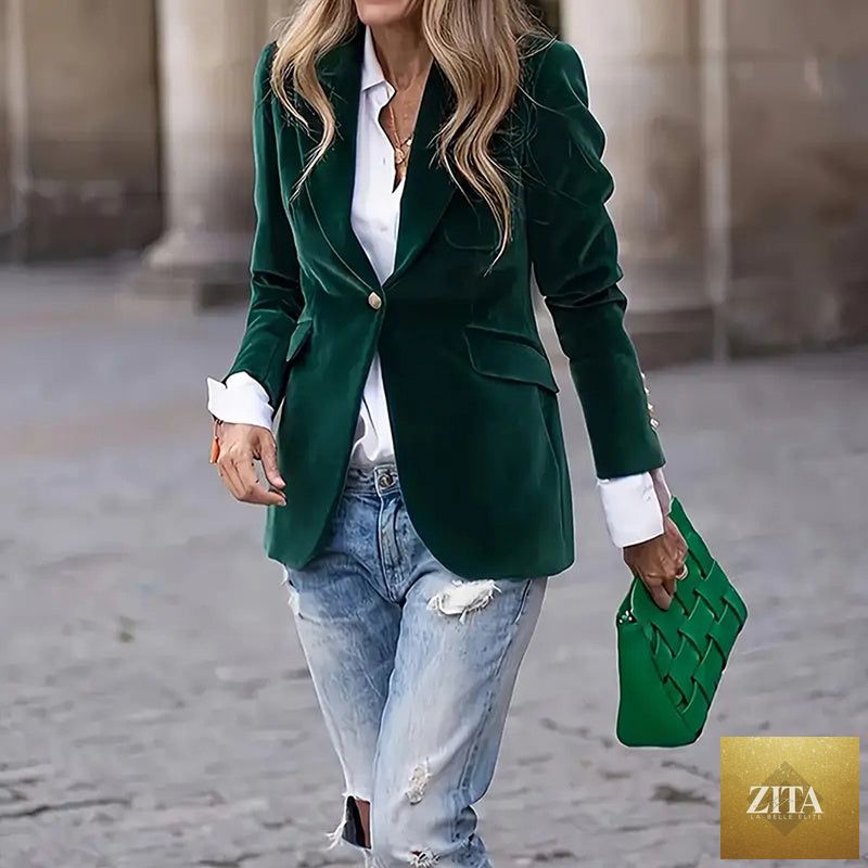 Women’s slim-fit notch-lapel blazer by FitiqueFit, casualwear, shown in a stylish tailored design with a fitted silhouette.