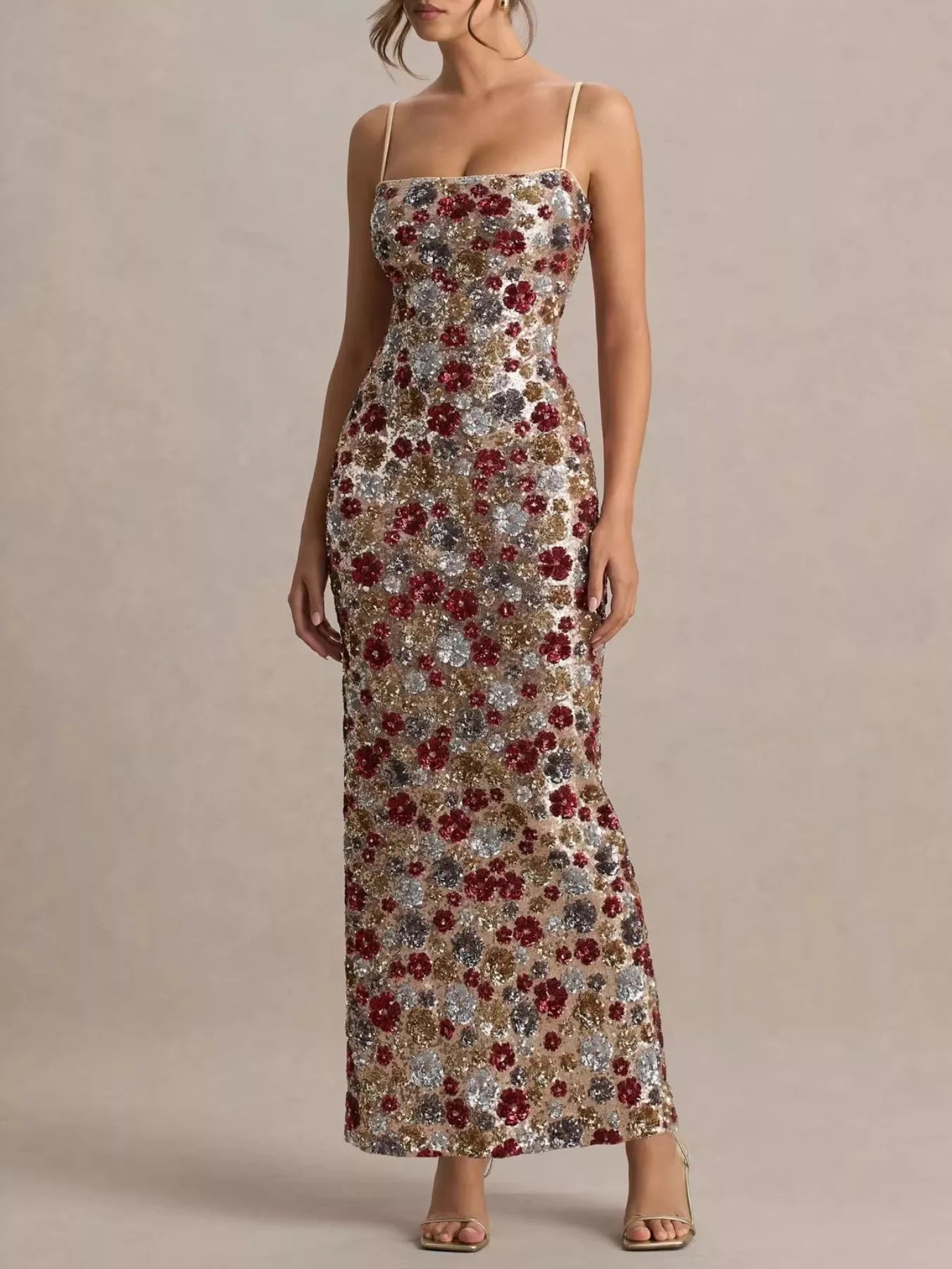 Floral sequin slit bodycon maxi dress by Shopiebay featuring a fitted design with a high slit and vibrant floral patterns.
