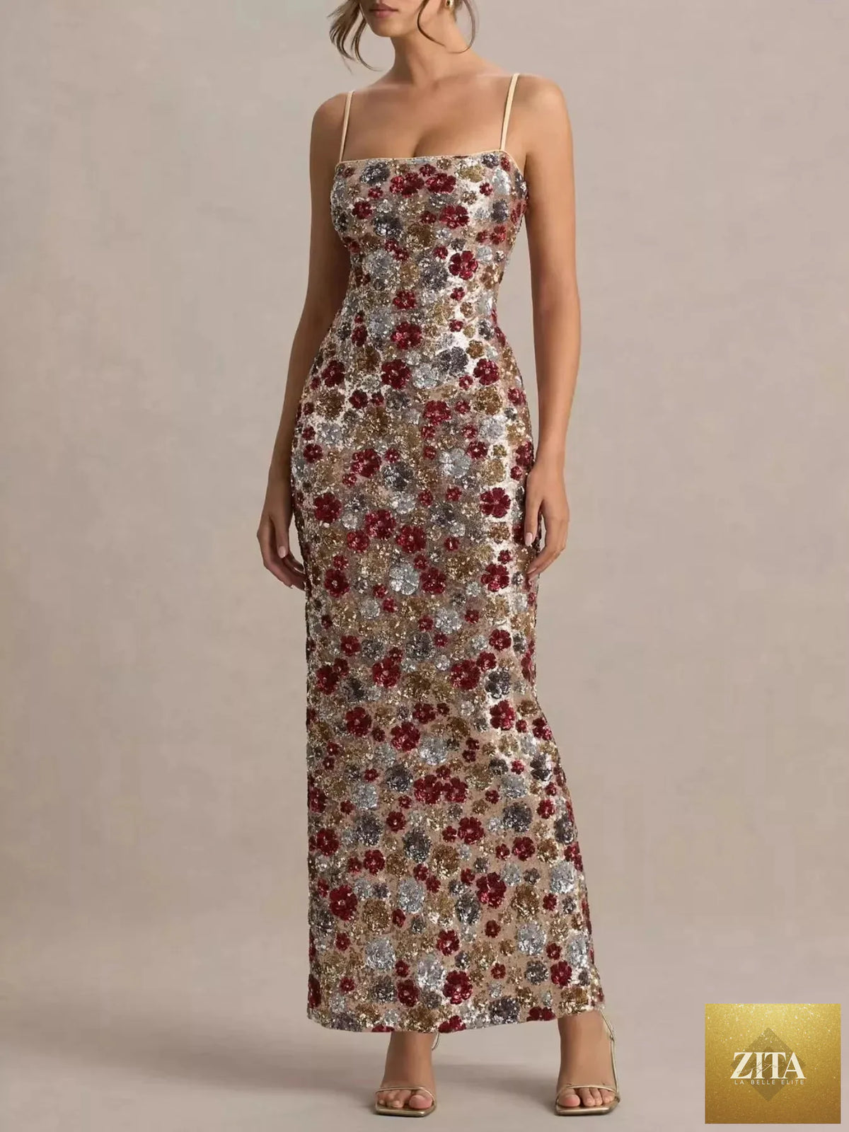 Floral sequin slit bodycon maxi dress by Shopiebay featuring a fitted design with a high slit and vibrant floral patterns.