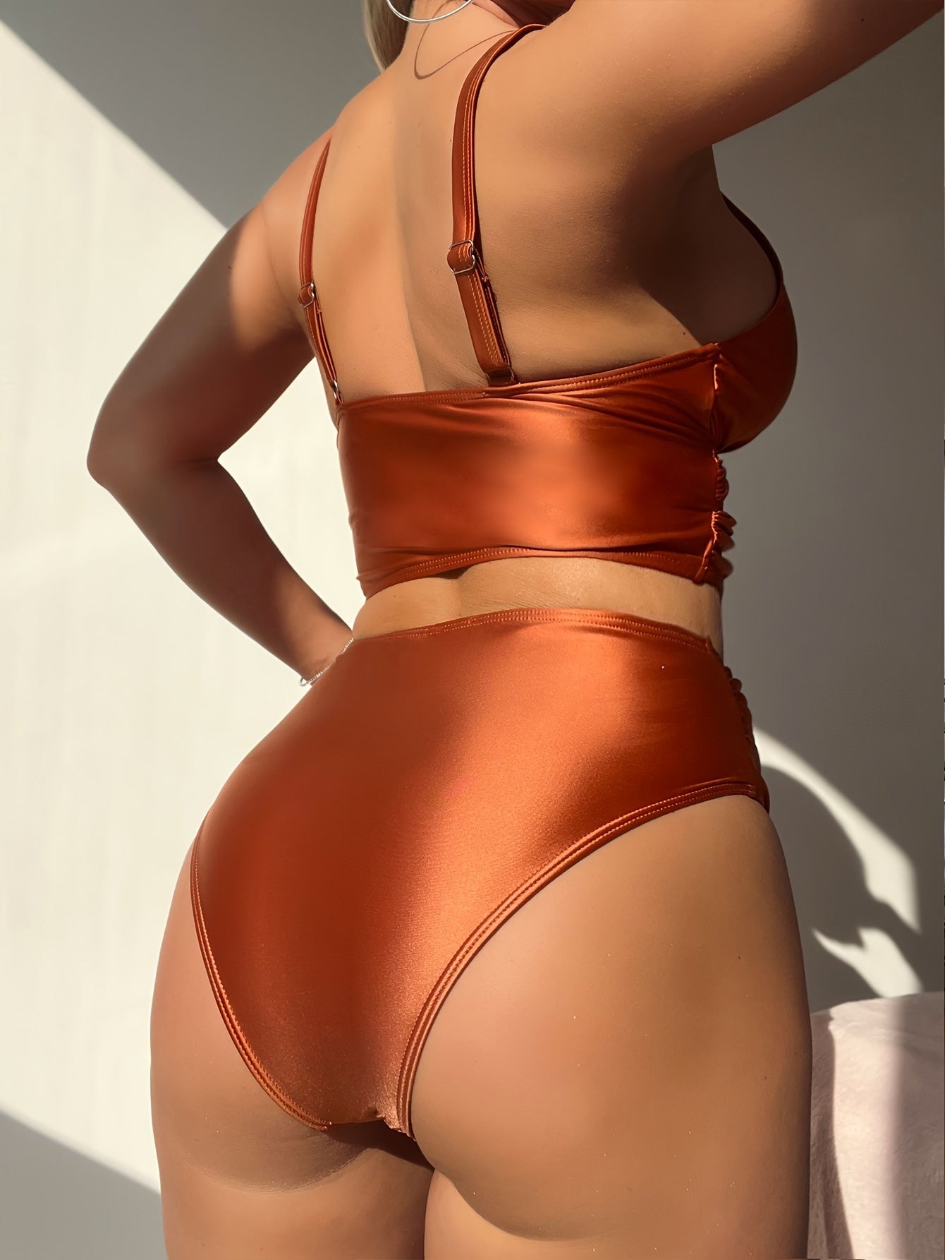 Stevvex black high waist bikini set with twist front, V neck, ruched tummy control, and cross strap detail for women’s summer swimwear
