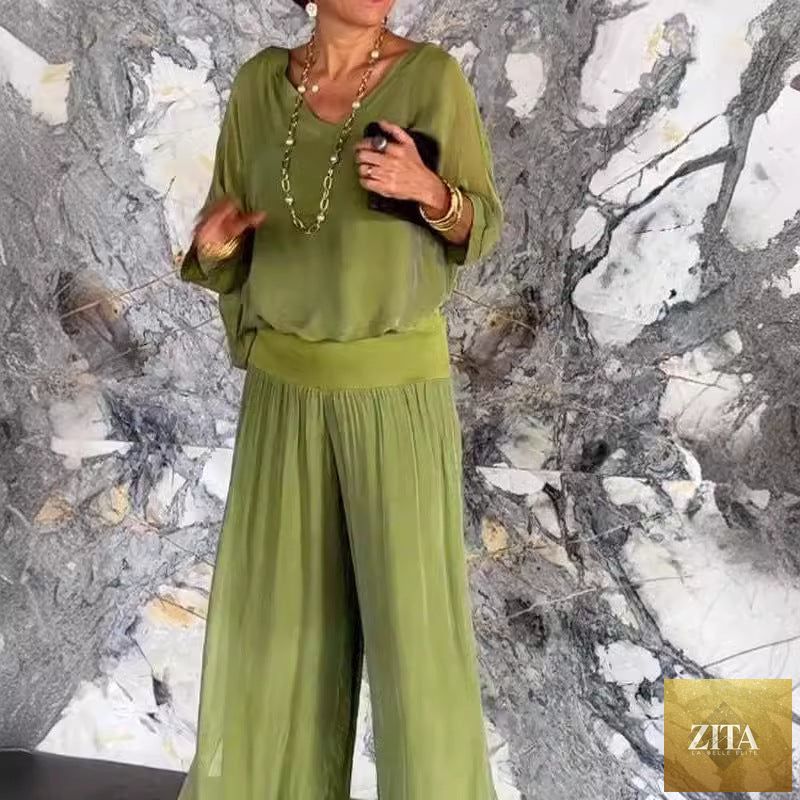 Zita La Belle Elite solid-color chiffon two-piece casualwear set in various colors, featuring a relaxed fit and stylish design.