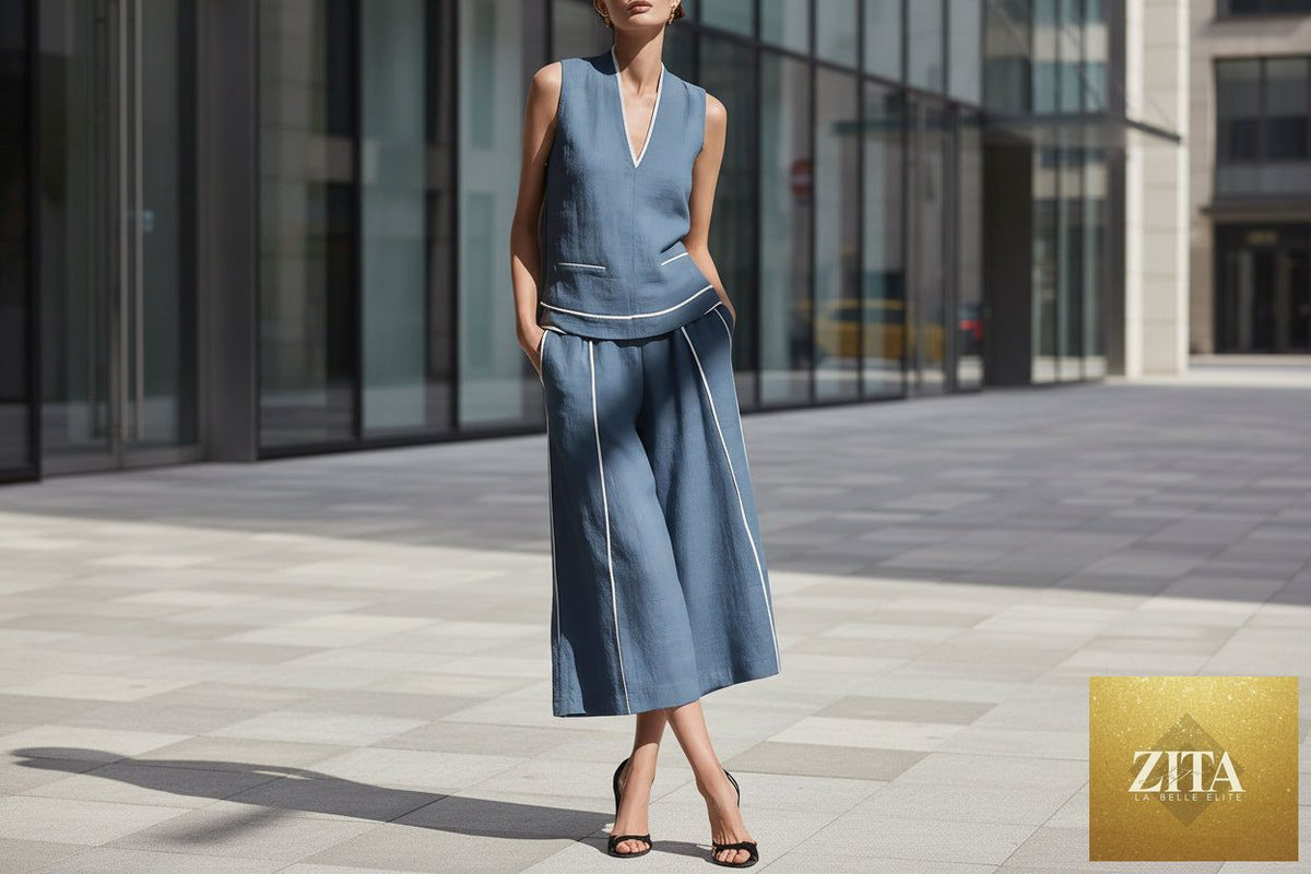 Zita La Belle Elite women's sleeveless linen shirt and cropped pants casual 2-piece outfit, light and stylish for warm weather.